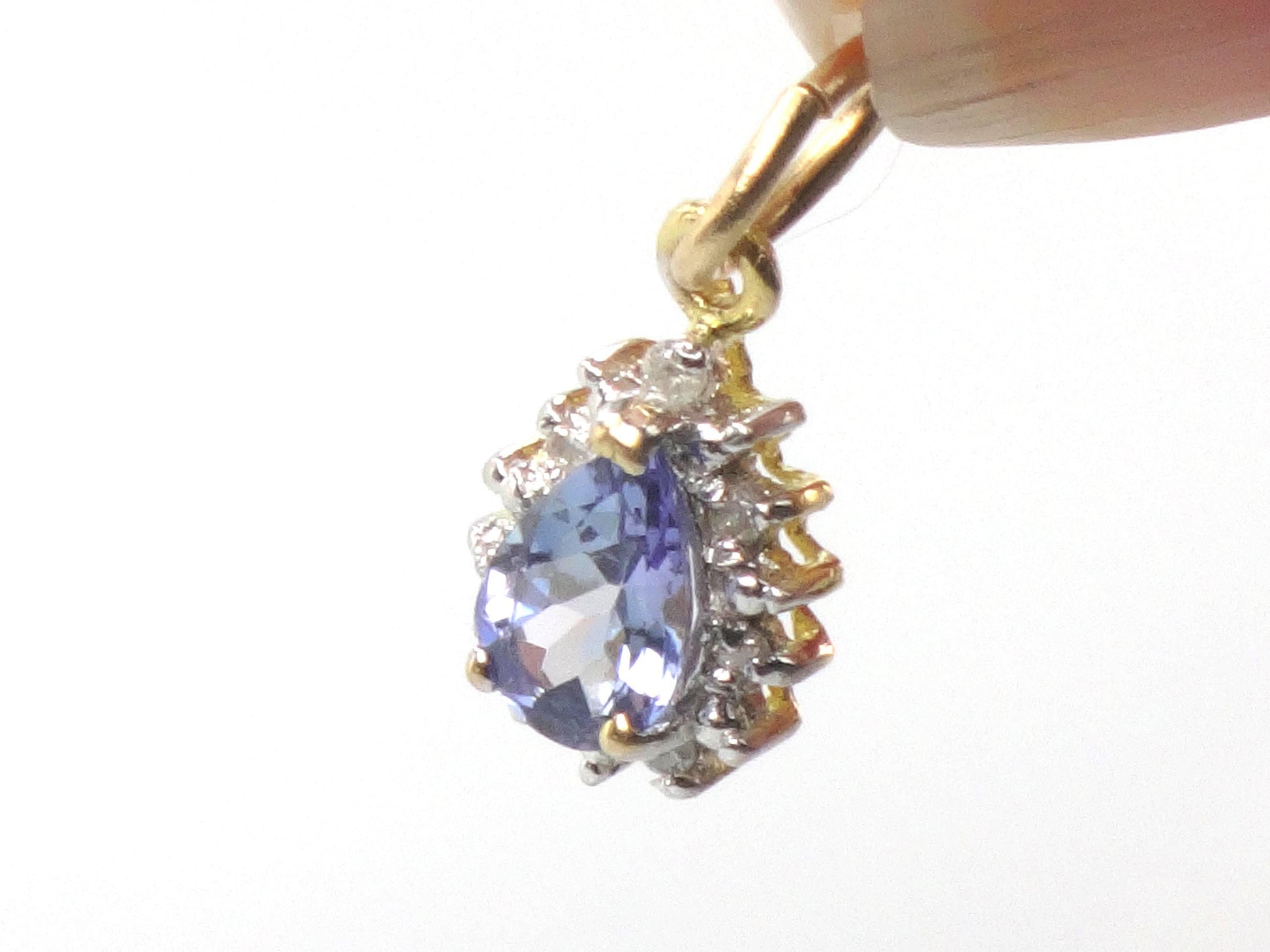 Vintage Small 14k Gold Tanzanite Diamond Pendant: Teardrop Shaped