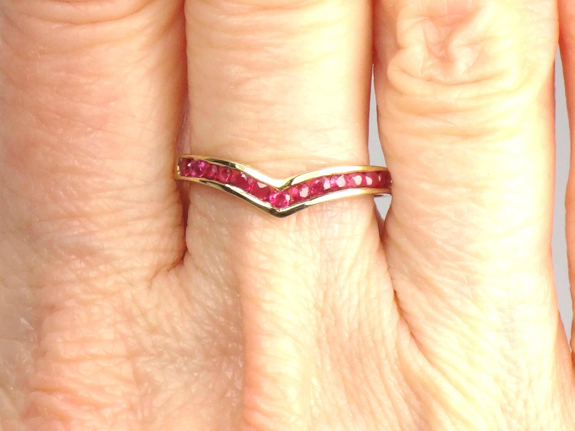 Vintage 14k Yellow Gold Ruby Ring, Chevron Wedding Band or Stacking, Size 6.5