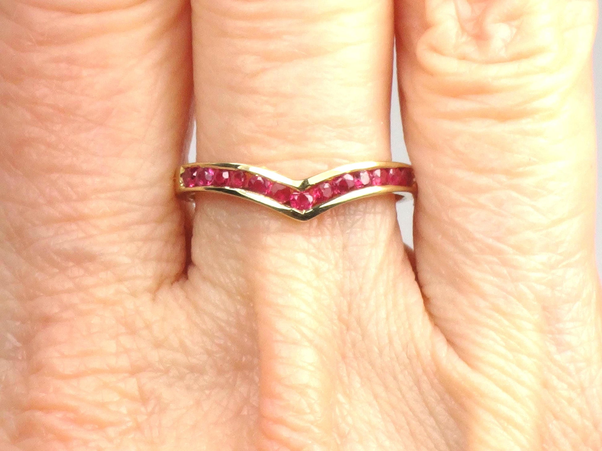 Vintage 14k Yellow Gold Ruby Ring, Chevron Wedding Band or Stacking, Size 6.5