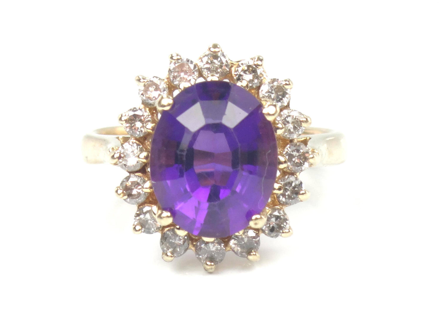 Vintage 14k Yellow Gold Amethyst and Diamond Halo Ring Size 5.5