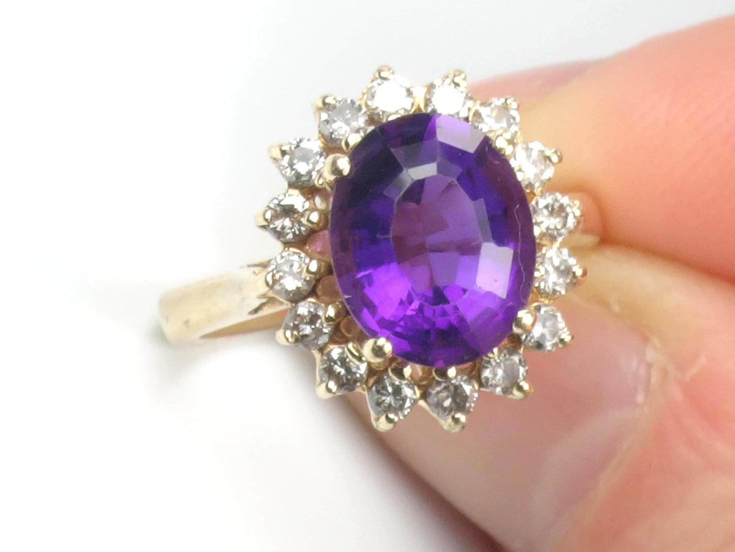 Vintage 14k Yellow Gold Amethyst and Diamond Halo Ring Size 5.5