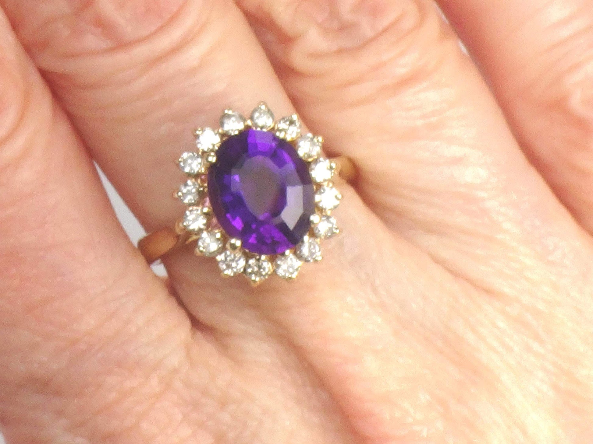 Vintage 14k Yellow Gold Amethyst and Diamond Halo Ring Size 5.5
