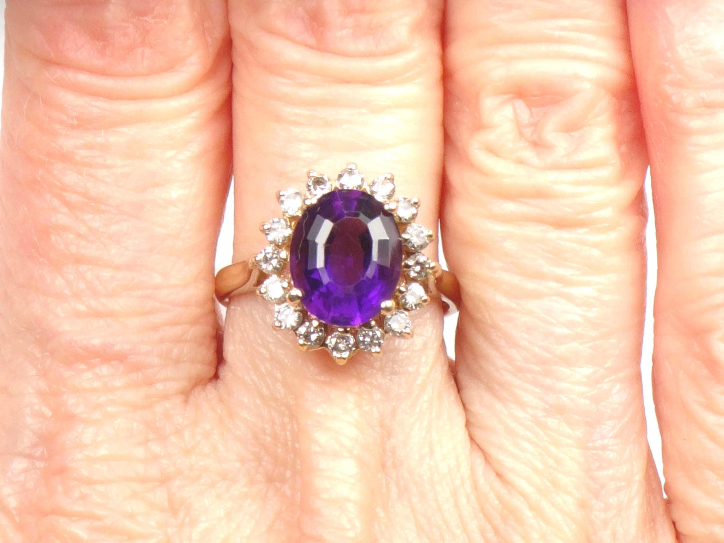 Vintage 14k Yellow Gold Amethyst and Diamond Halo Ring Size 5.5