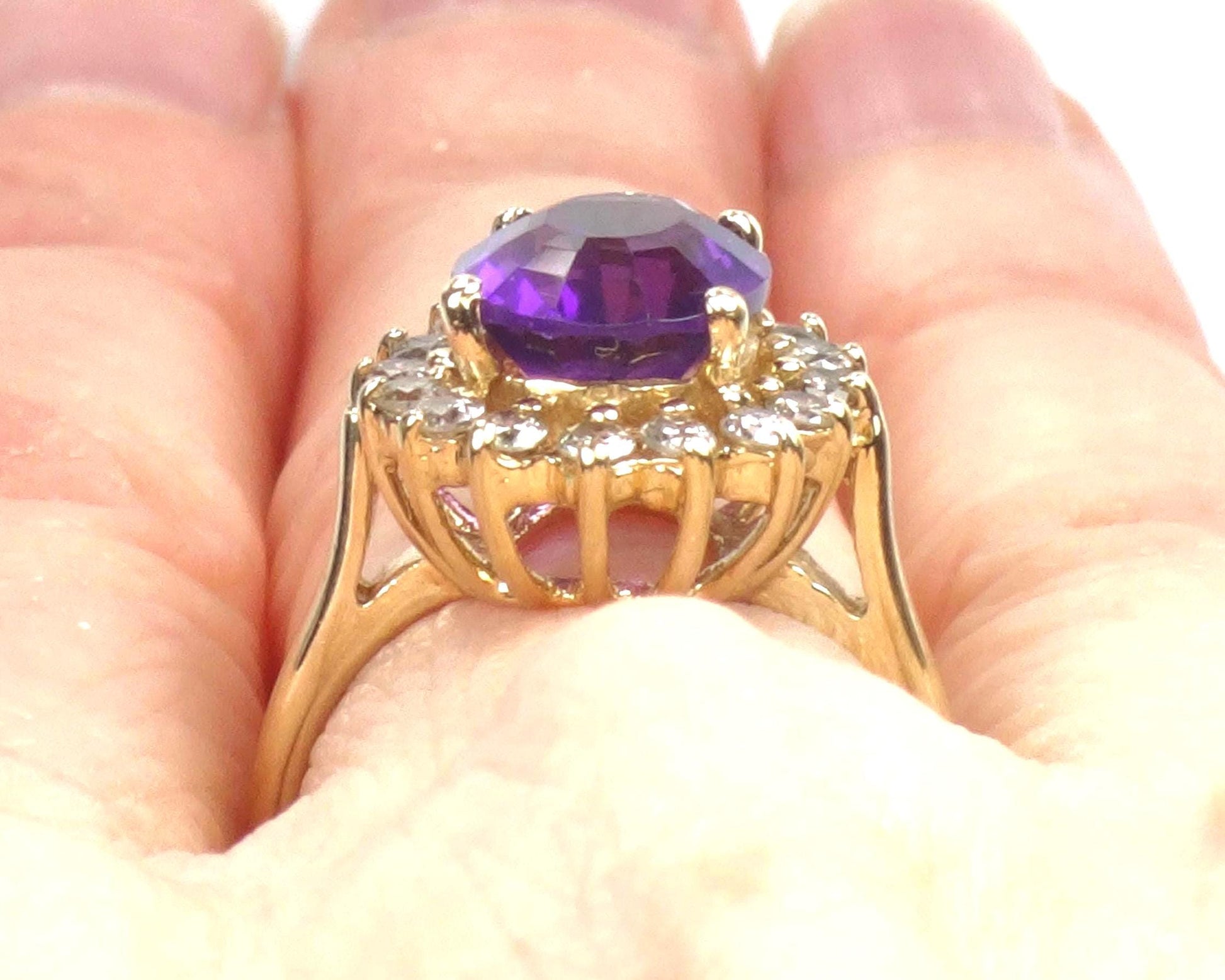 Vintage 14k Yellow Gold Amethyst and Diamond Halo Ring Size 5.5