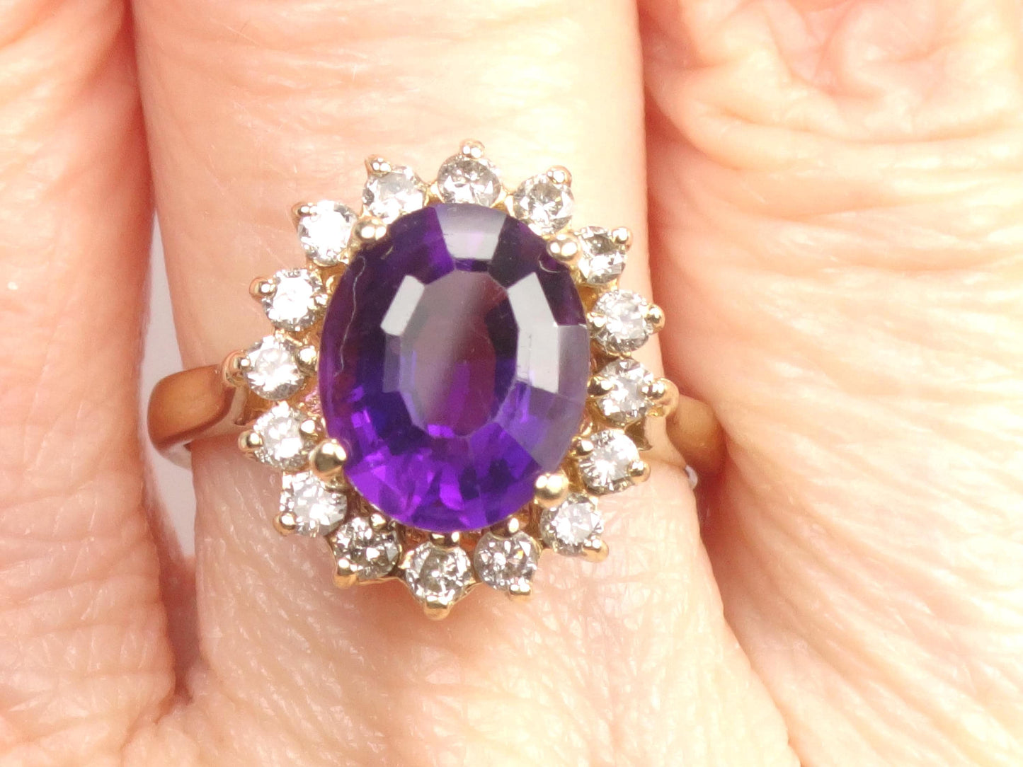 Vintage 14k Yellow Gold Amethyst and Diamond Halo Ring Size 5.5