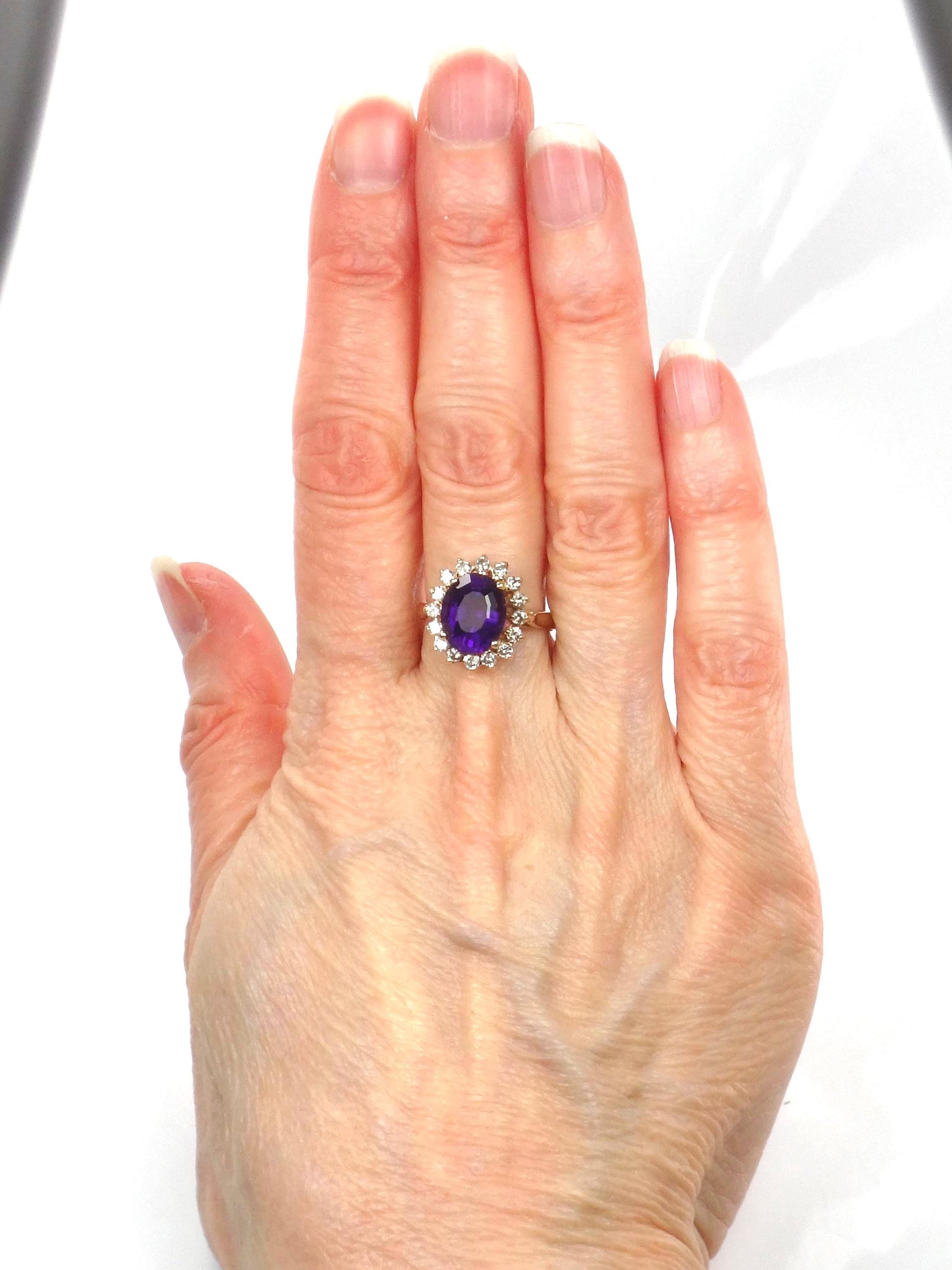 Vintage 14k Yellow Gold Amethyst and Diamond Halo Ring Size 5.5