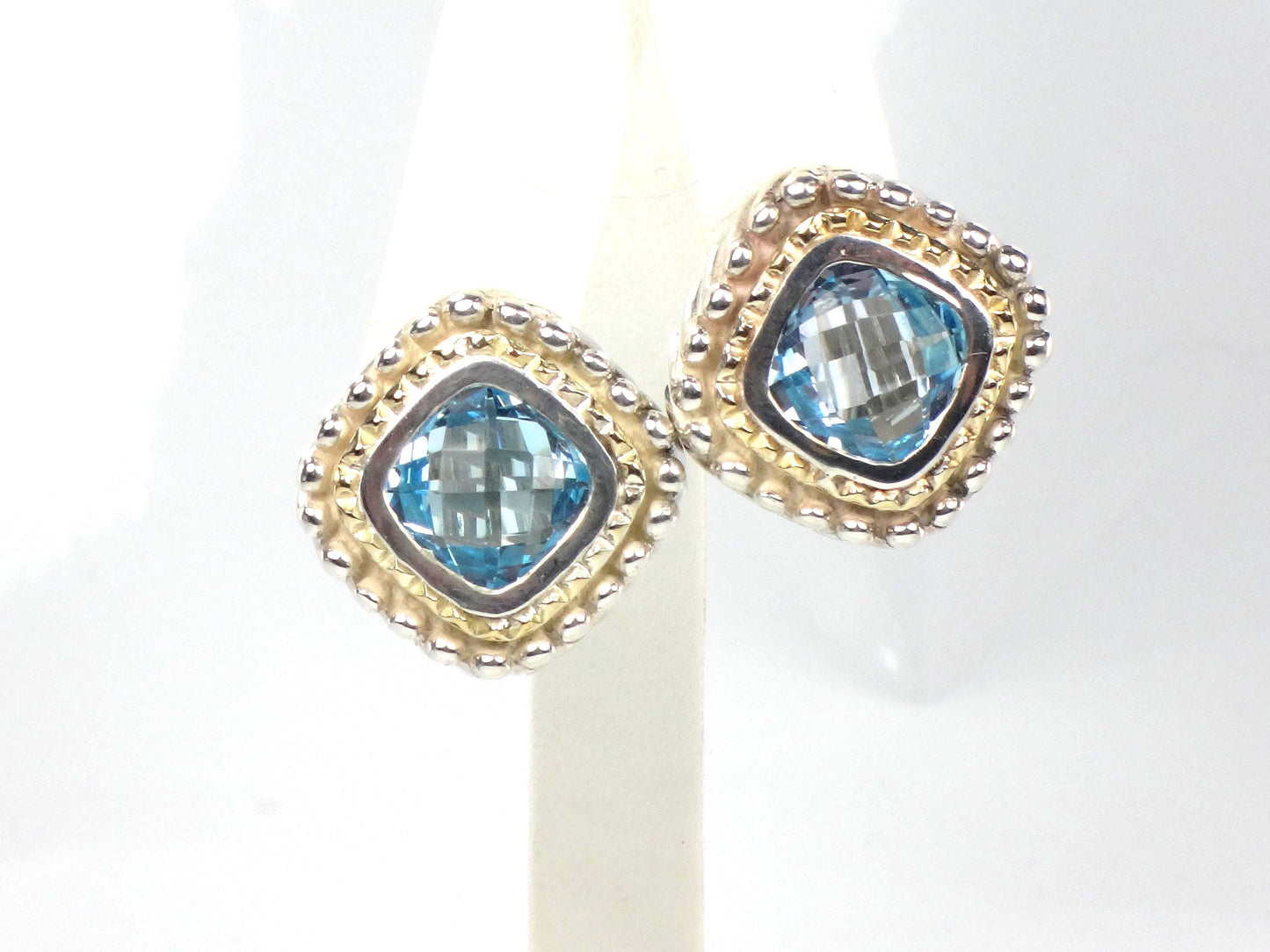 Vintage 18k Yellow Gold & Sterling Silver Topaz Earrings, Mixed Metal Blue Stone Studs