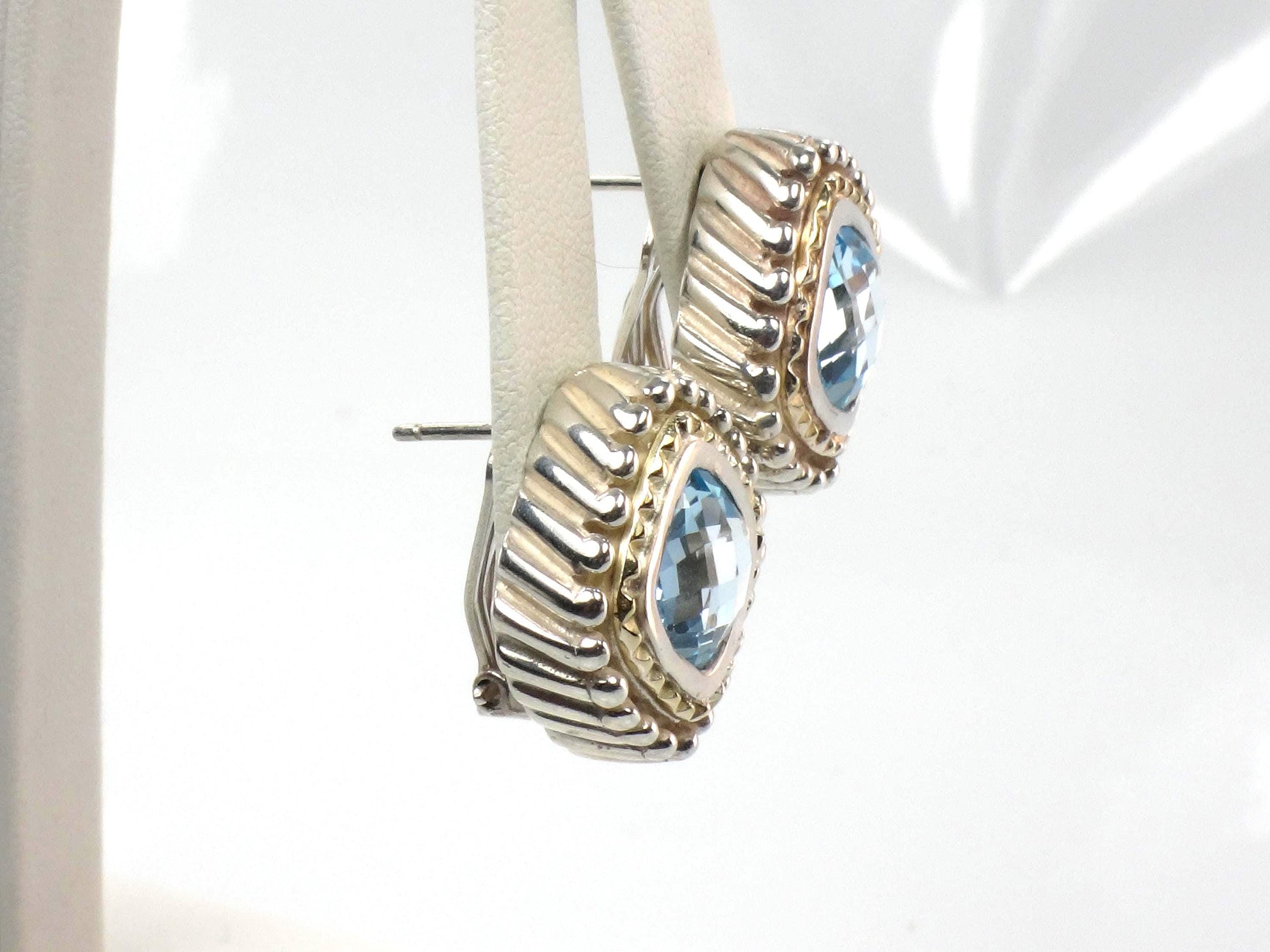 Vintage 18k Yellow Gold & Sterling Silver Topaz Earrings, Mixed Metal Blue Stone Studs