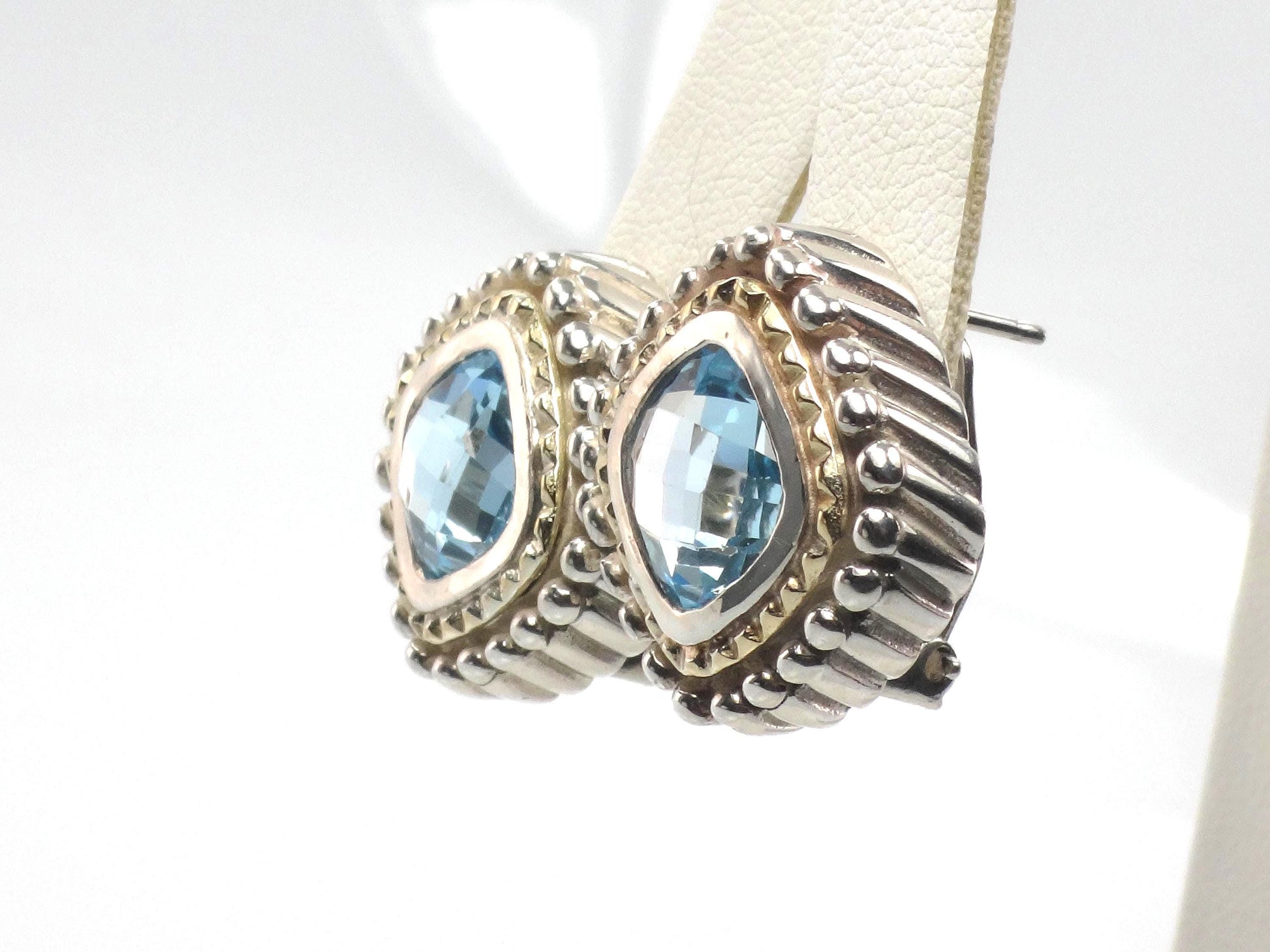Vintage 18k Yellow Gold & Sterling Silver Topaz Earrings, Mixed Metal Blue Stone Studs