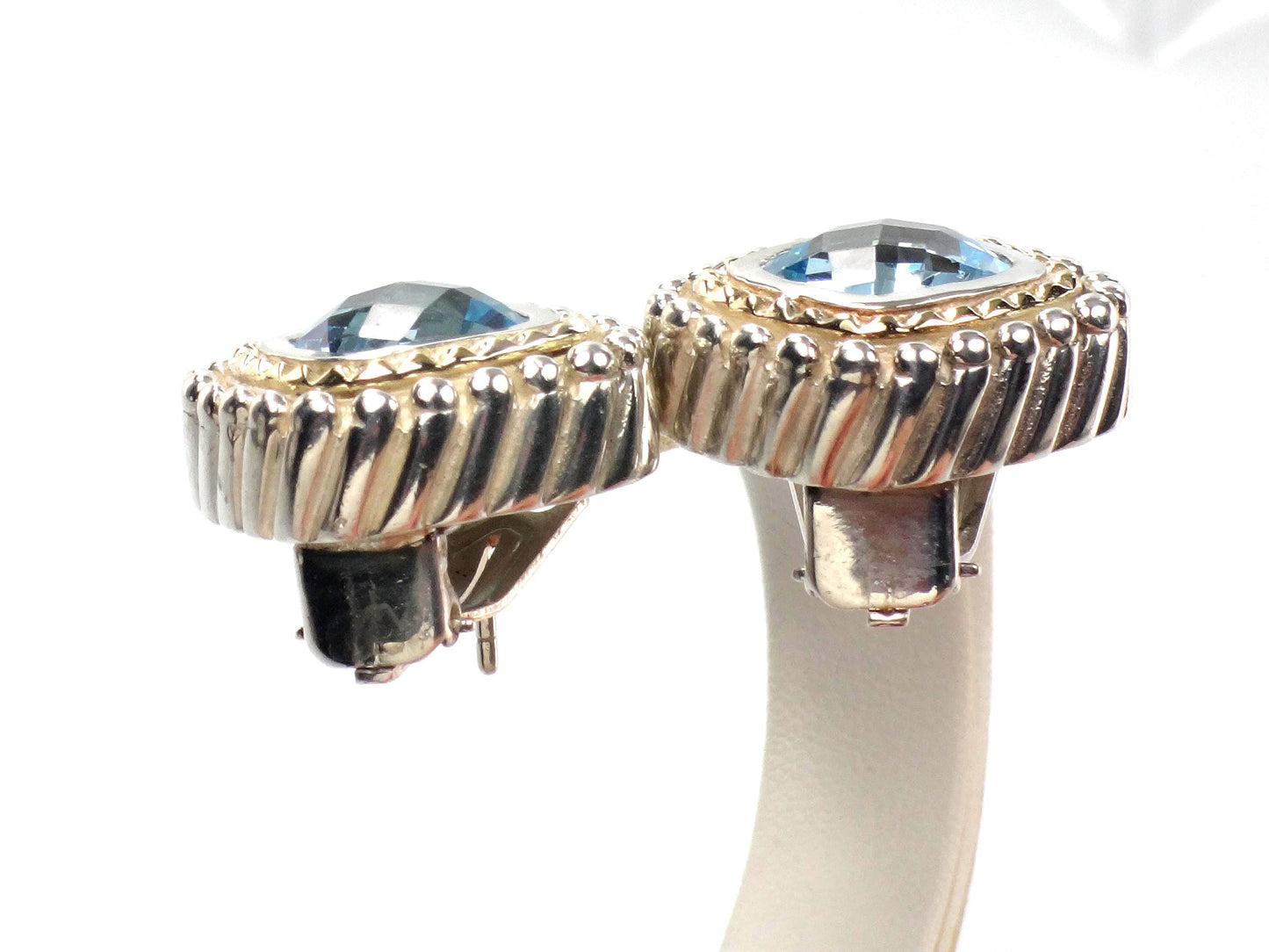 Vintage 18k Yellow Gold & Sterling Silver Topaz Earrings, Mixed Metal Blue Stone Studs