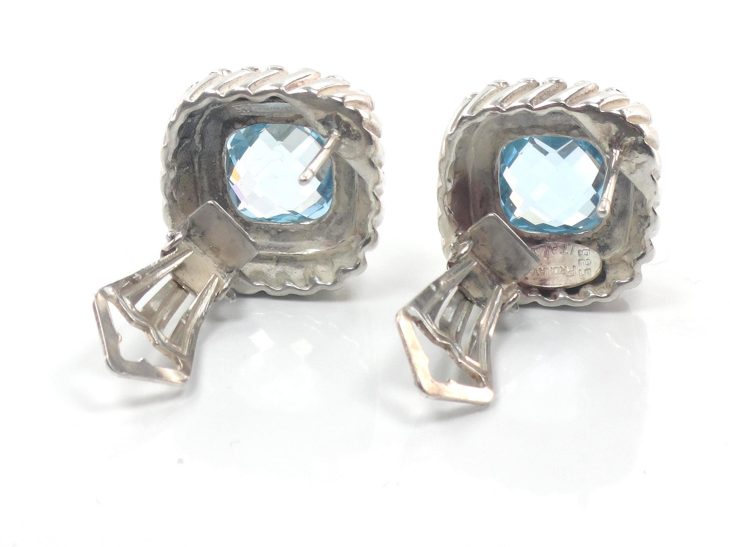 Vintage 18k Yellow Gold & Sterling Silver Topaz Earrings, Mixed Metal Blue Stone Studs