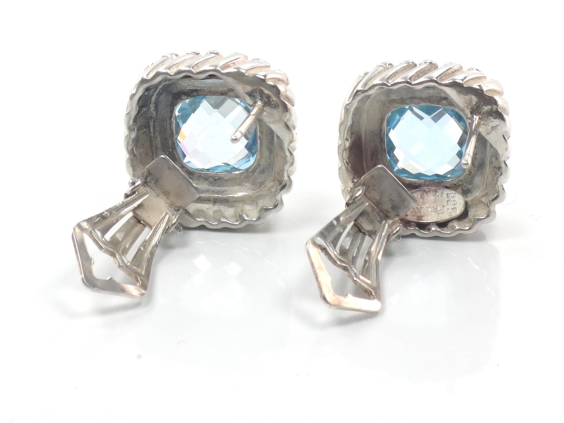 Vintage 18k Yellow Gold & Sterling Silver Topaz Earrings, Mixed Metal Blue Stone Studs