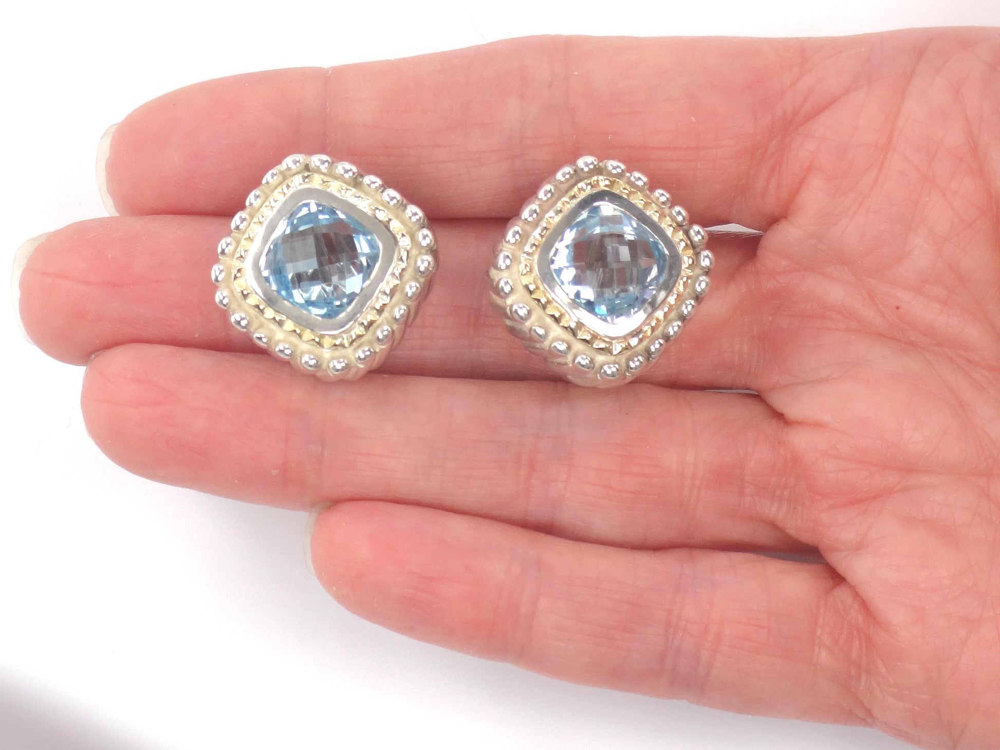 Vintage 18k Yellow Gold & Sterling Silver Topaz Earrings, Mixed Metal Blue Stone Studs