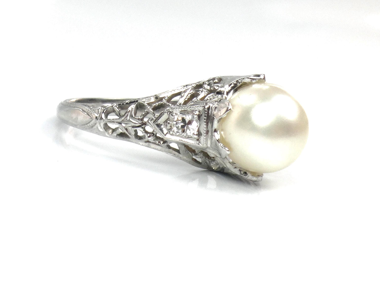 Vintage 18k White Gold Filigree Pearl Diamond Ring, Art Deco 1930s