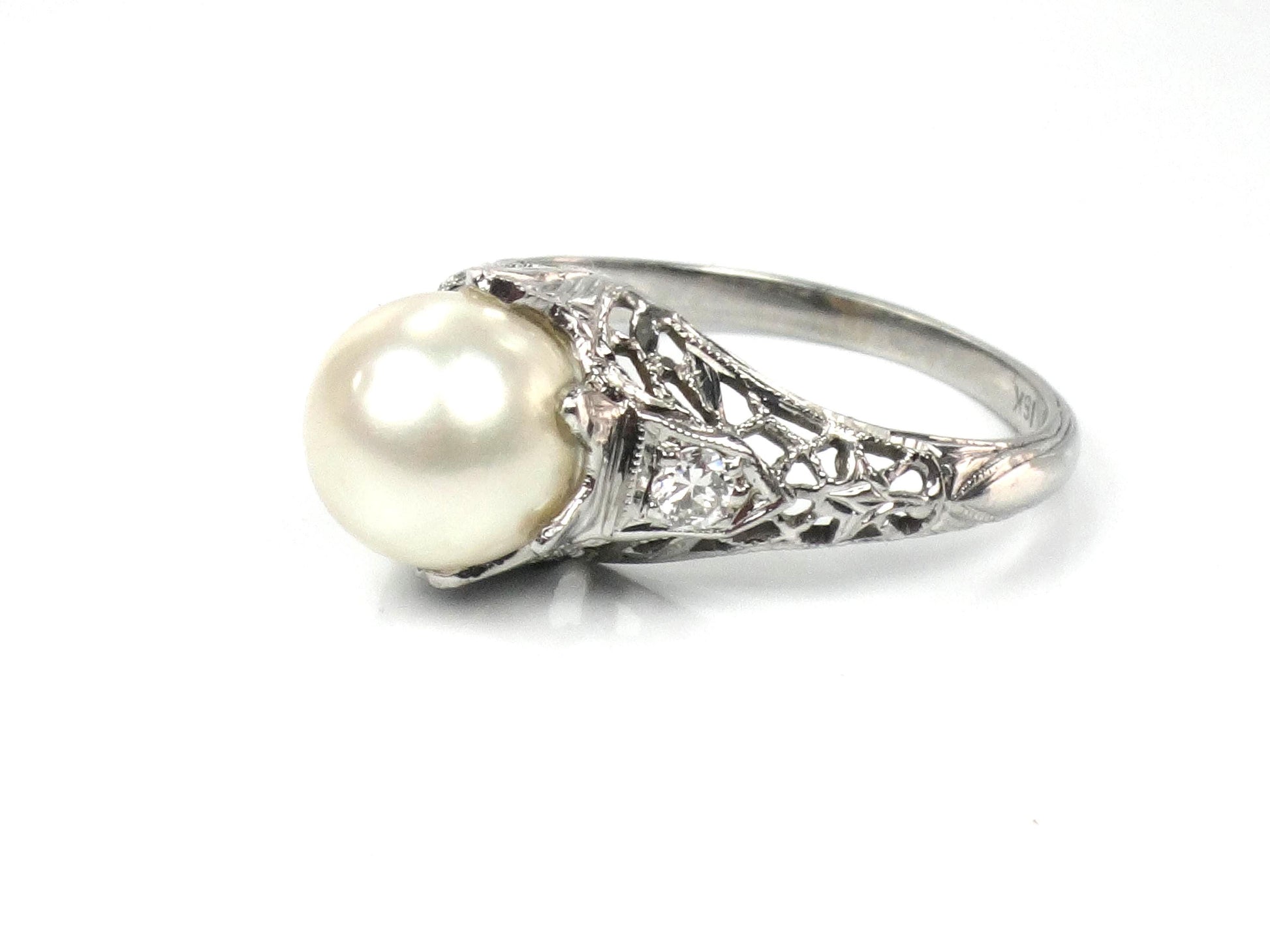 Vintage 18k White Gold Filigree Pearl Diamond Ring, Art Deco 1930s