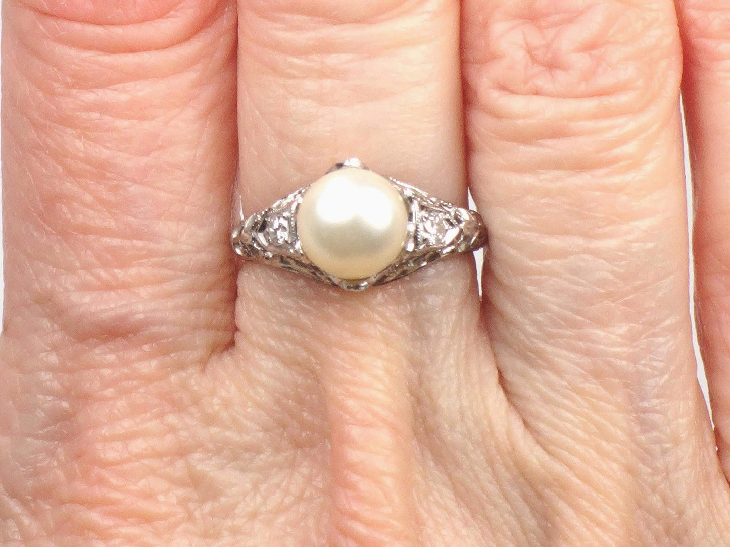 Vintage 18k White Gold Filigree Pearl Diamond Ring, Art Deco 1930s