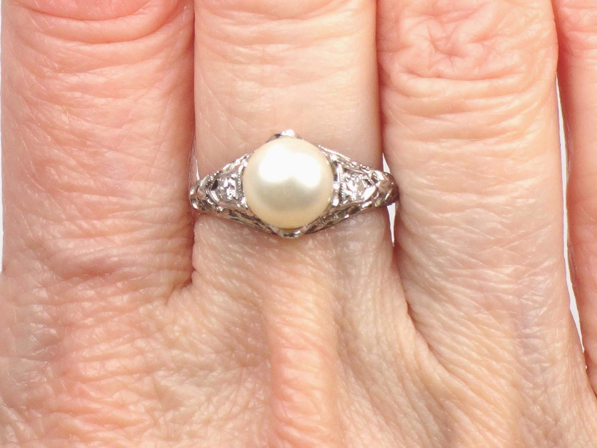 Vintage 18k White Gold Filigree Pearl Diamond Ring, Art Deco 1930s