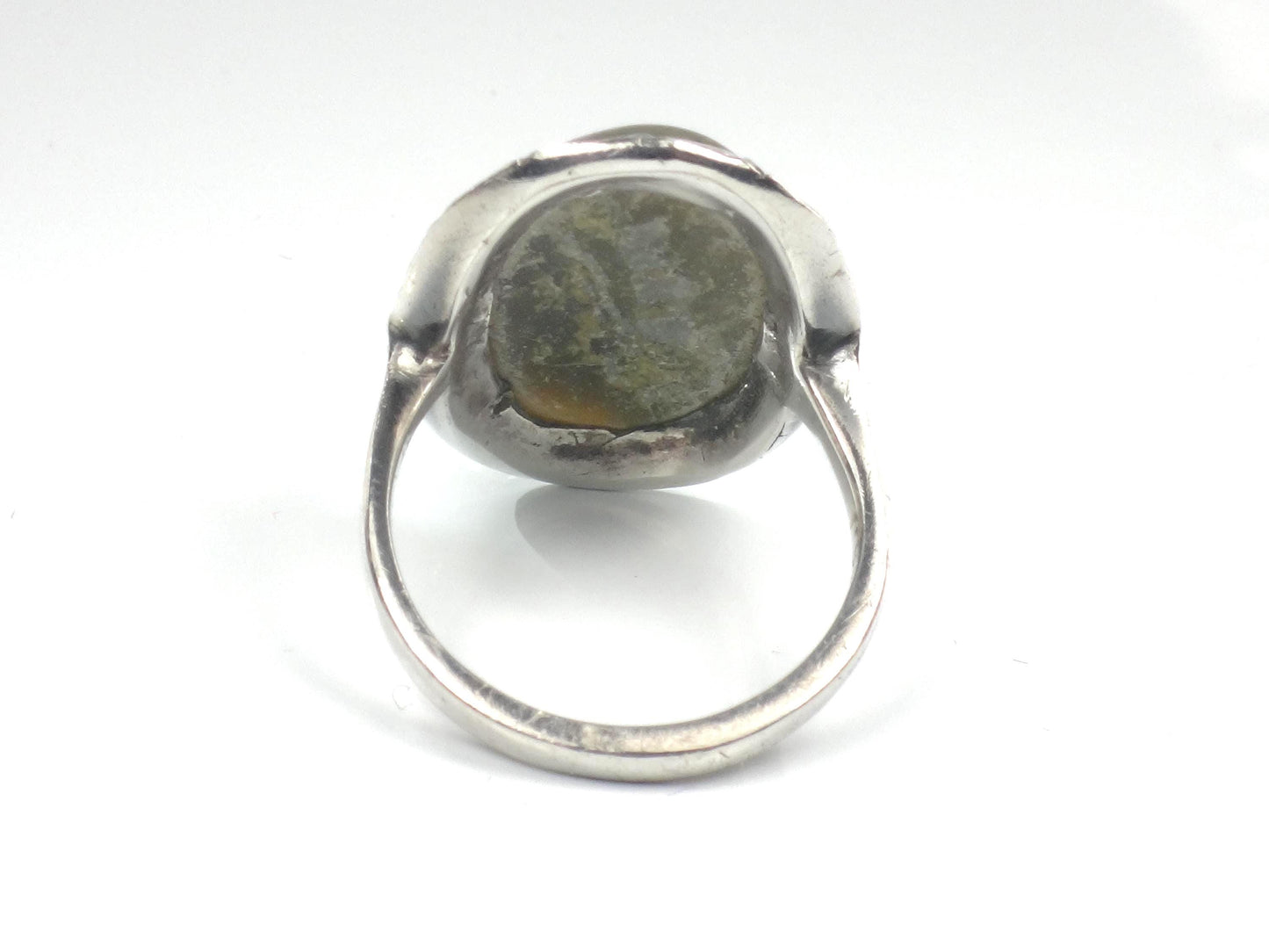 Vintage Sterling Silver Green Connemara Marble Ring, Irish Hallmarks, Size 6.75
