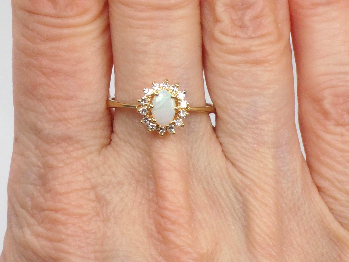 Vintage 19k Yellow Gold Opal Ring with Diamond Halo: Portuguese Hallmarks, Size 7.75