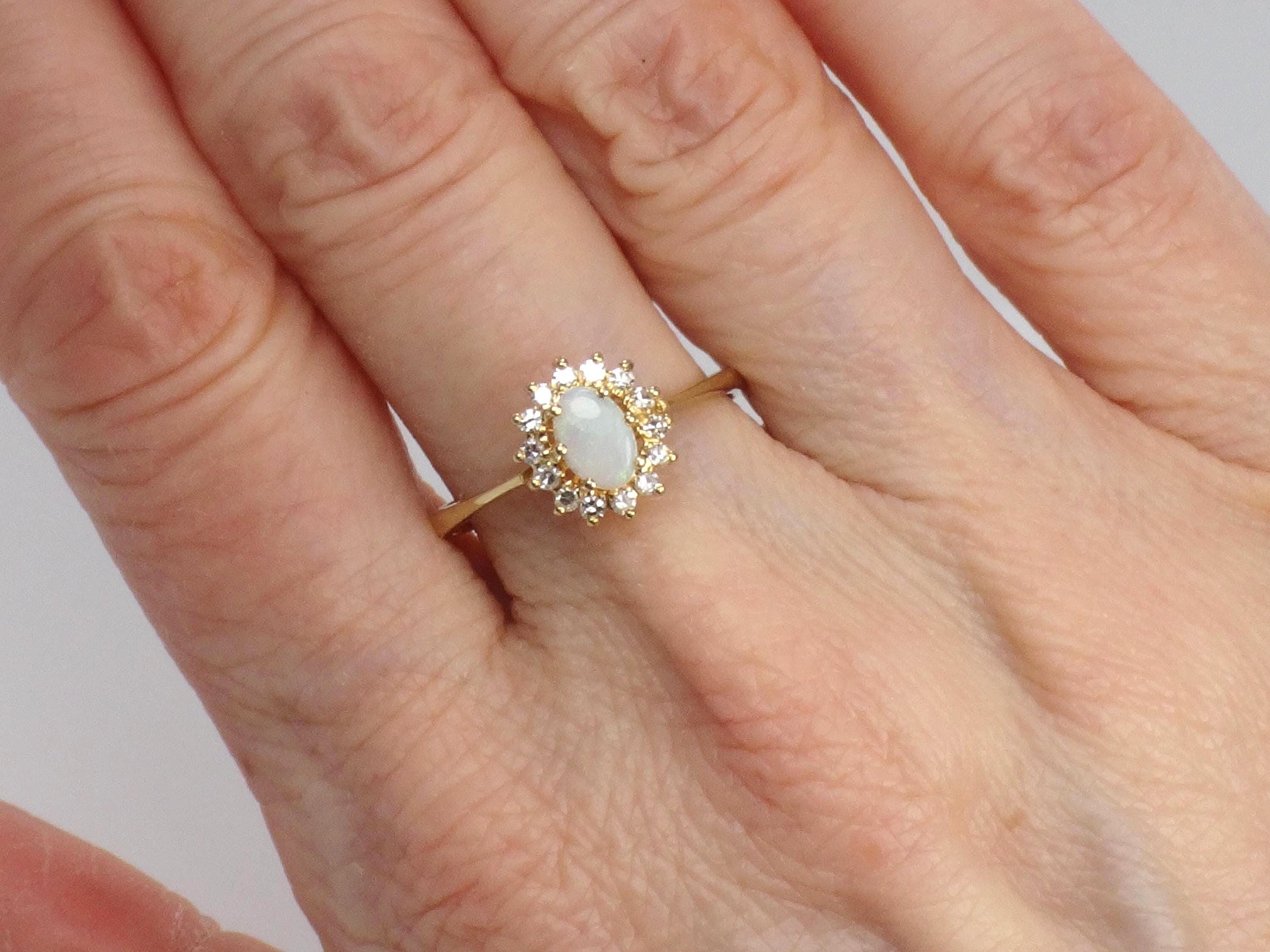 Vintage 19k Yellow Gold Opal Ring with Diamond Halo: Portuguese Hallmarks, Size 7.75