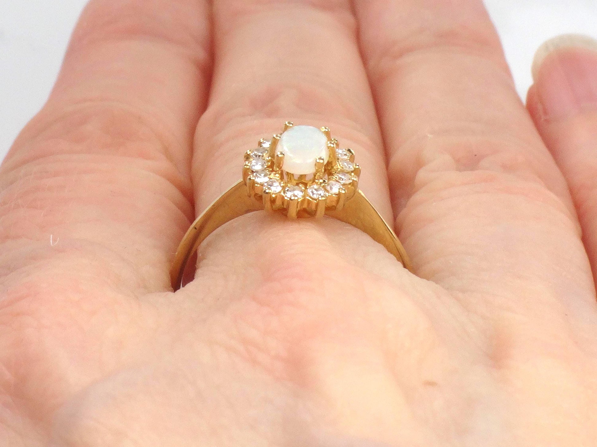 Vintage 19k Yellow Gold Opal Ring with Diamond Halo: Portuguese Hallmarks, Size 7.75