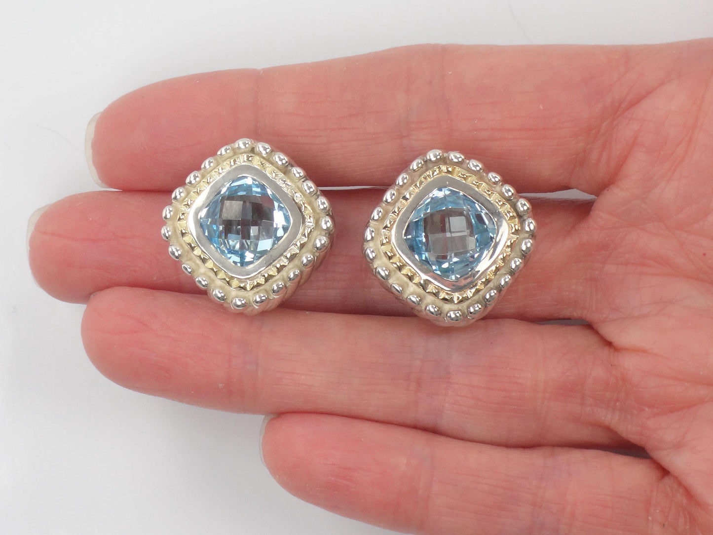 Vintage 18k Yellow Gold & Sterling Silver Topaz Earrings, Mixed Metal Blue Stone Studs