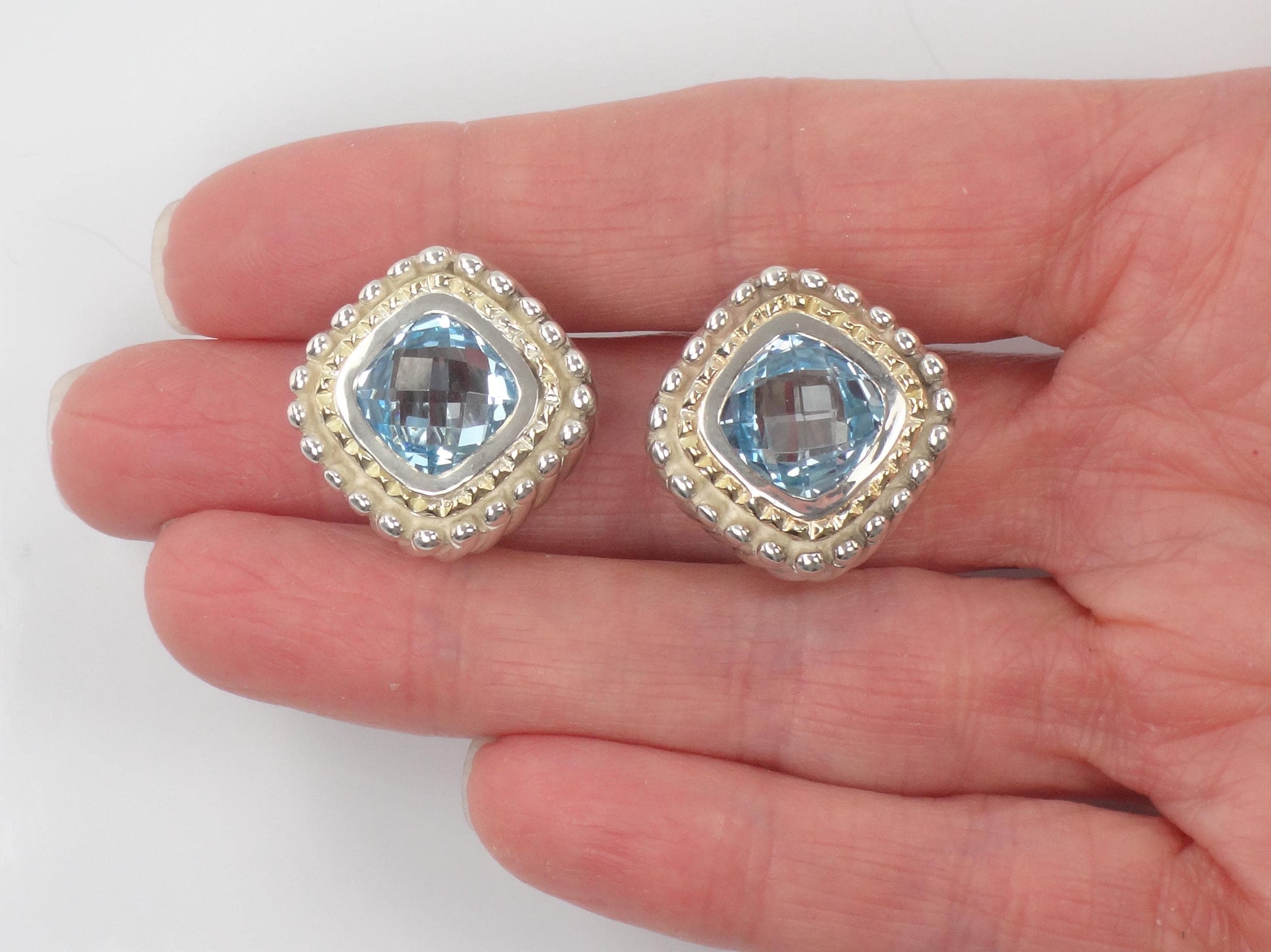 Vintage 18k Yellow Gold & Sterling Silver Topaz Earrings, Mixed Metal Blue Stone Studs