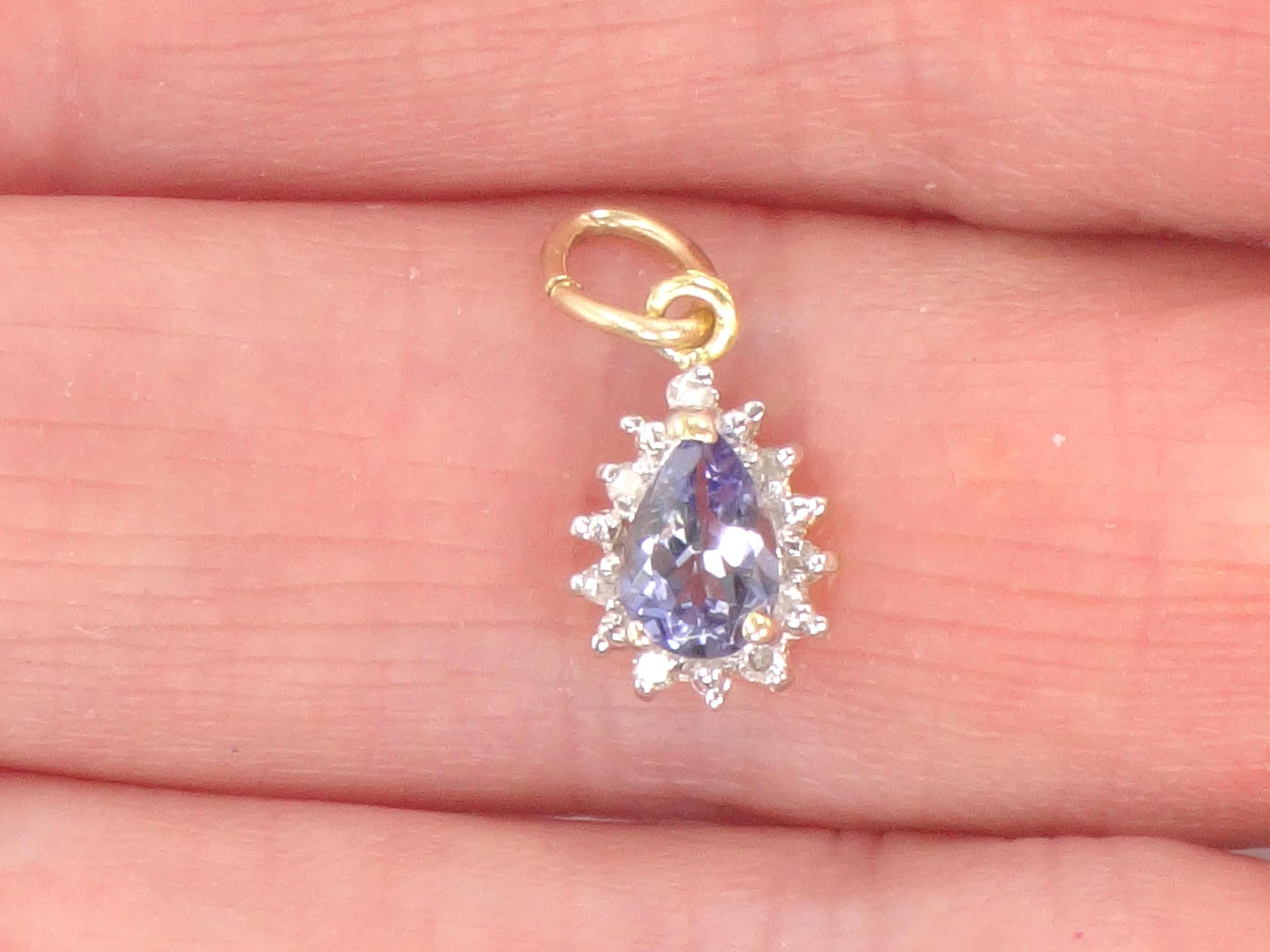 Vintage Small 14k Gold Tanzanite Diamond Pendant: Teardrop Shaped