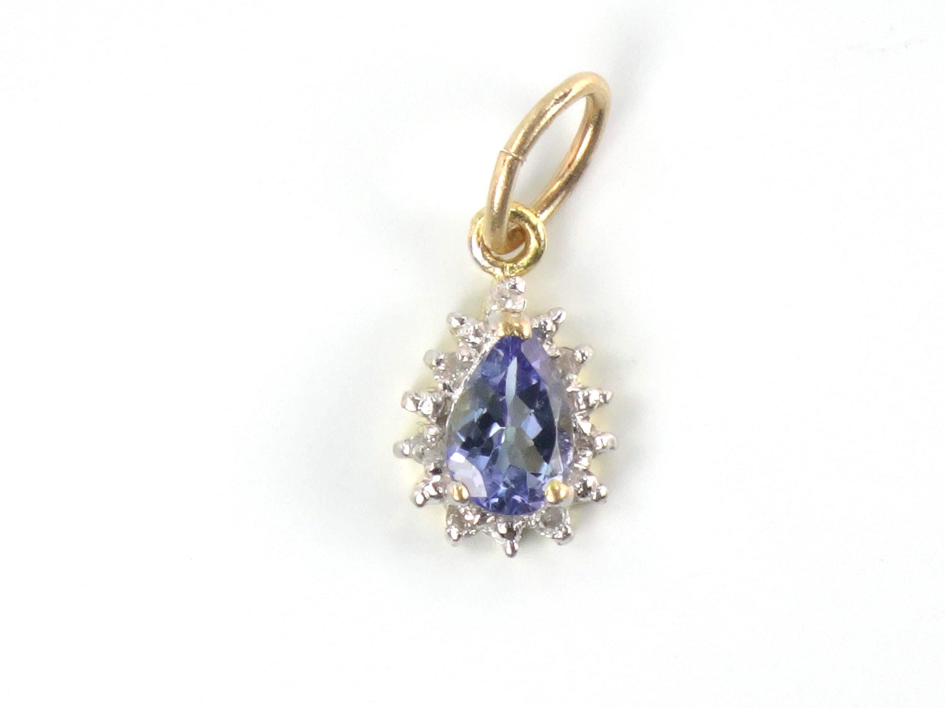 Vintage Small 14k Gold Tanzanite Diamond Pendant: Teardrop Shaped