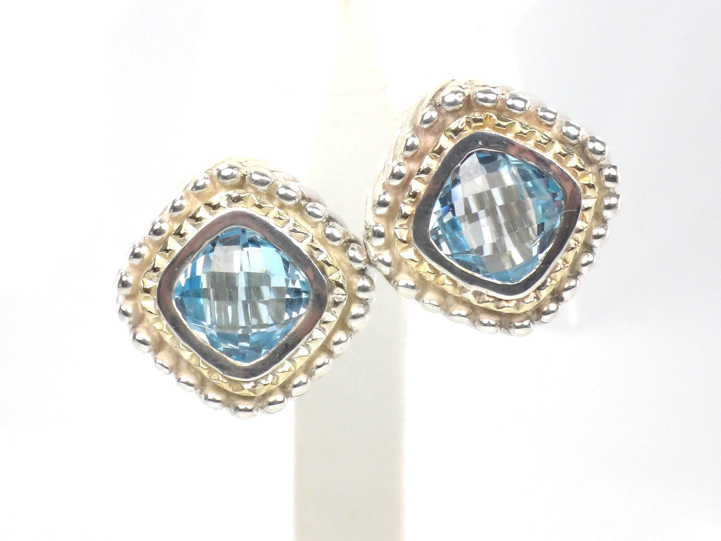 Vintage 18k Yellow Gold & Sterling Silver Topaz Earrings, Mixed Metal Blue Stone Studs