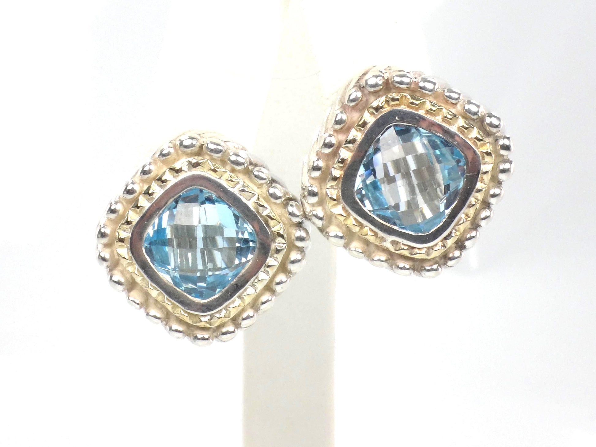 Vintage 18k Yellow Gold & Sterling Silver Topaz Earrings, Mixed Metal Blue Stone Studs