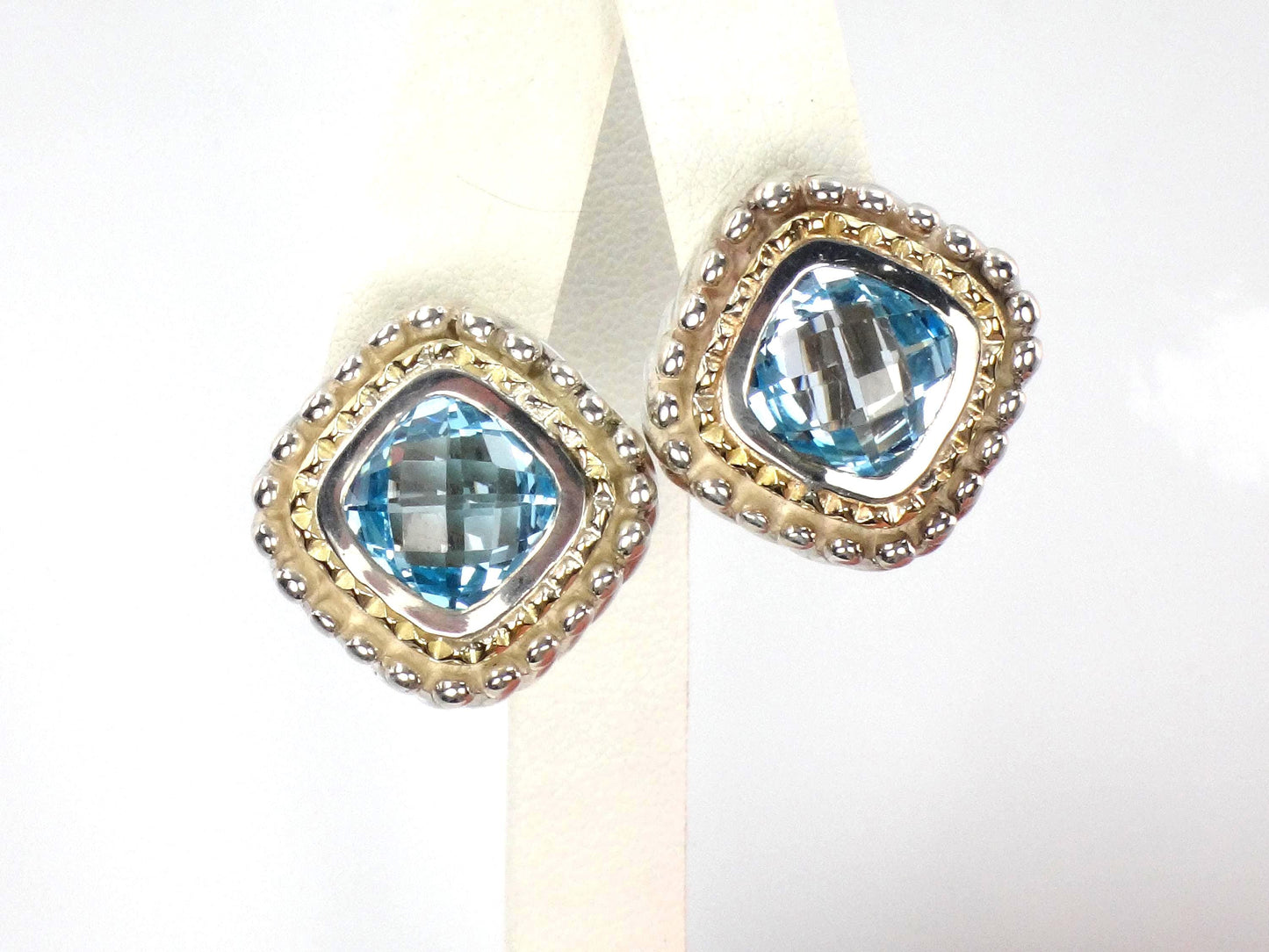 Vintage 18k Yellow Gold & Sterling Silver Topaz Earrings, Mixed Metal Blue Stone Studs