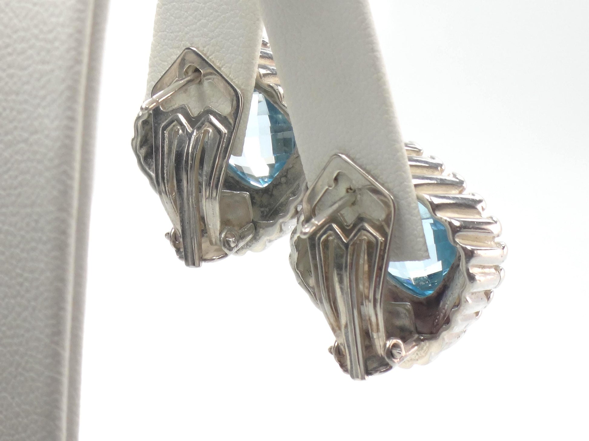 Vintage 18k Yellow Gold & Sterling Silver Topaz Earrings, Mixed Metal Blue Stone Studs