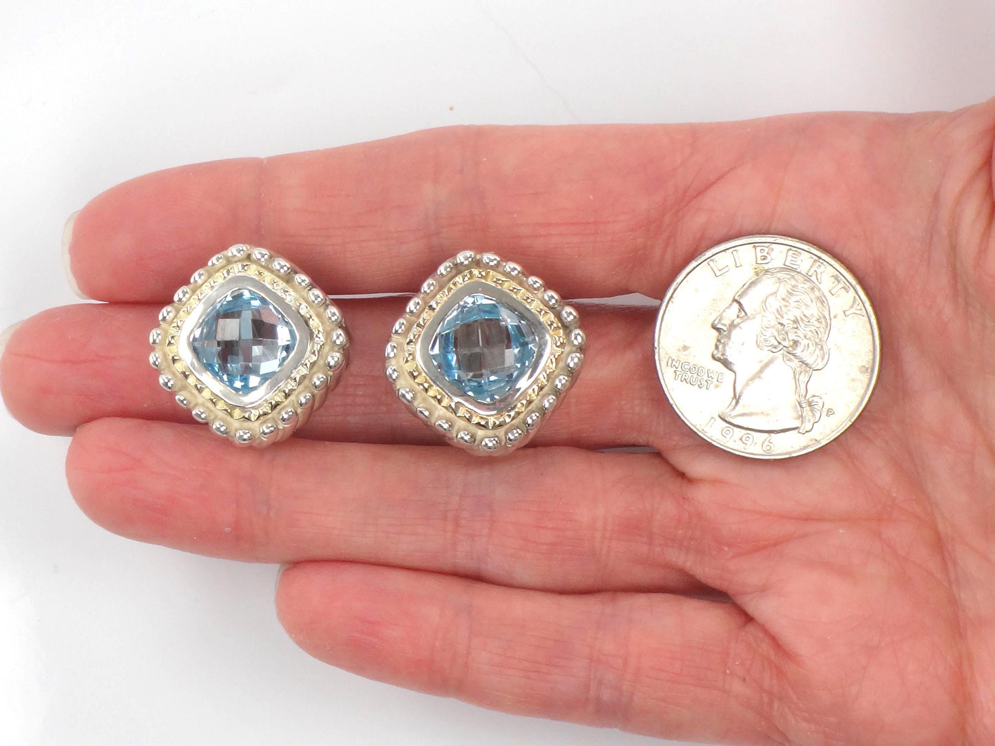 Vintage 18k Yellow Gold & Sterling Silver Topaz Earrings, Mixed Metal Blue Stone Studs