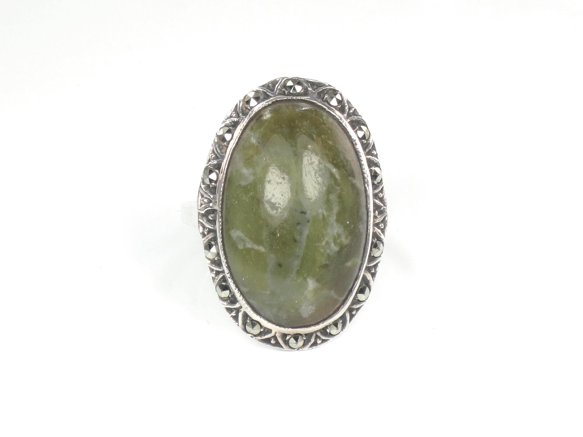 Vintage Sterling Silver Green Connemara Marble Ring, Irish Hallmarks, Size 6.75