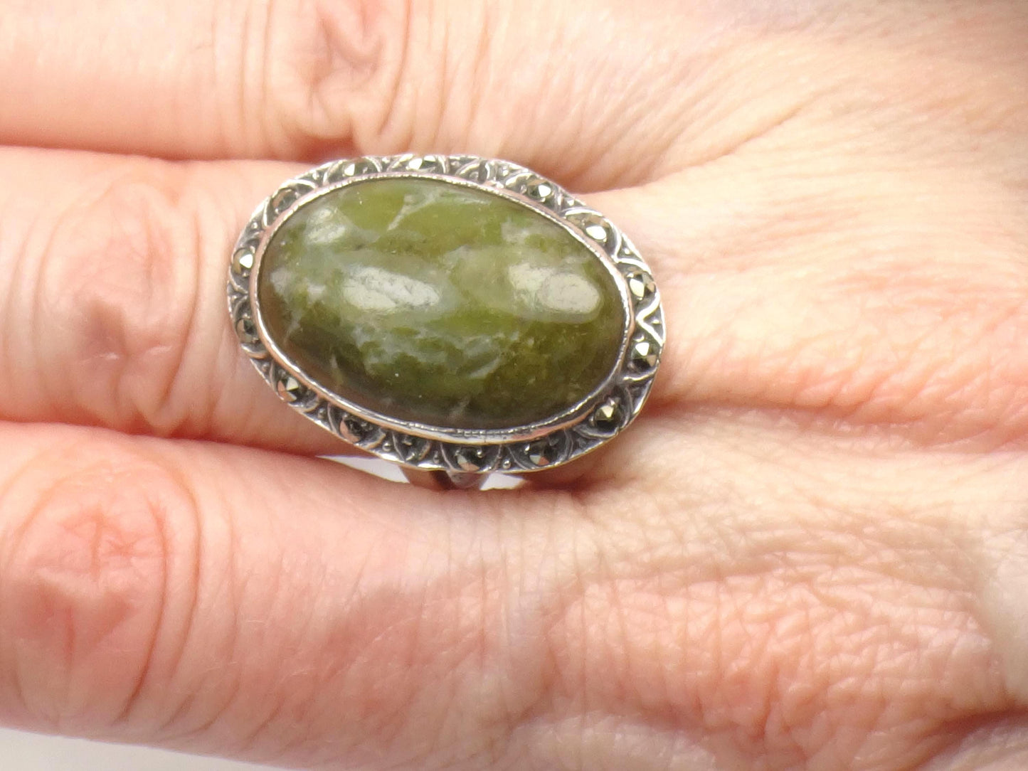 Vintage Sterling Silver Green Connemara Marble Ring, Irish Hallmarks, Size 6.75