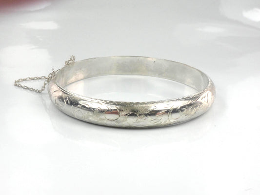 Vintage Sterling Silver Engraved Hinged Bangle Bracelet 6.75"