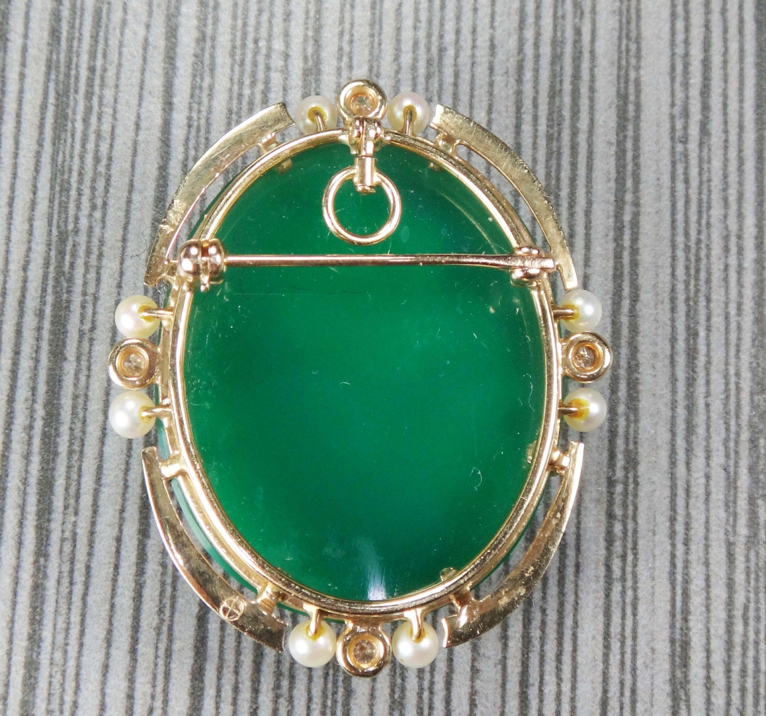 Vintage 14k Gold Green Hardstone Cameo Pendant and Cameo Earrings Set Renaissance Revival Cameo with Cultured Pearls and Diamonds