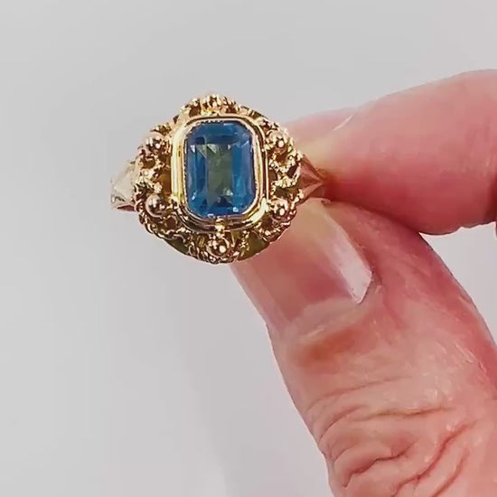 Vintage 19.2k Yellow Gold Cannetille Filigree Blue Glass Ring, Portuguese Hallmarked 800 Gold Ring, Size 6.75