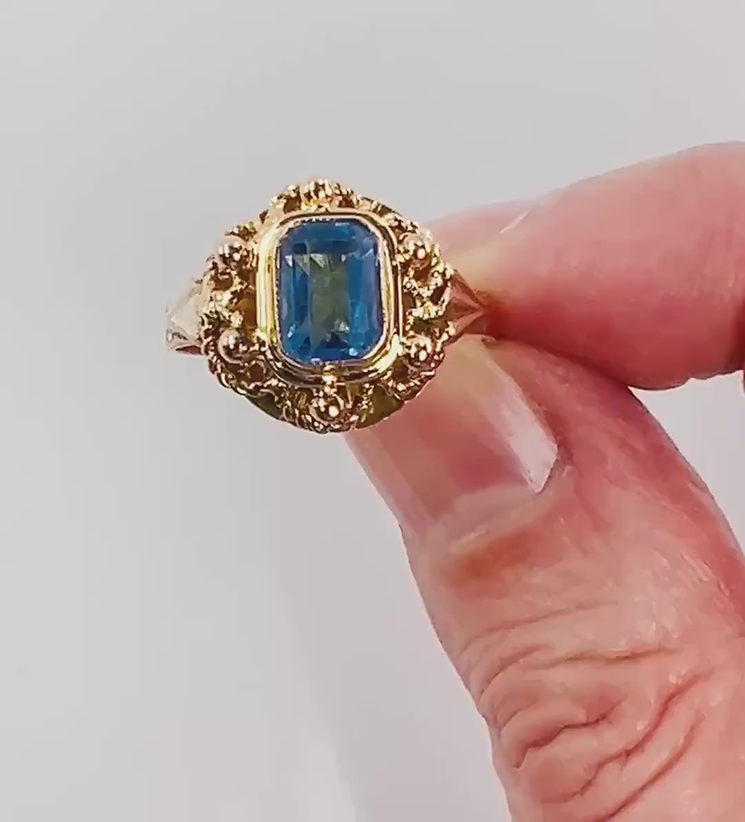 Vintage 19.2k Yellow Gold Cannetille Filigree Blue Glass Ring, Portuguese Hallmarked 800 Gold Ring, Size 6.75