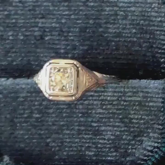 Vintage Art Deco 18k White Gold Transitional Old Mine Cut Natural Diamond Filigree Engagement Ring Size 6