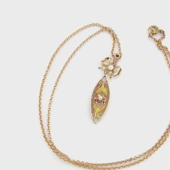 Vintage 14k Gold Old Cut Diamond Filigree Pendant with Bow and 14k Link Chain Art Nouveau Style Necklace 18"
