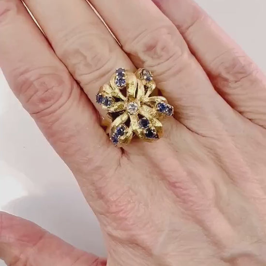 Vintage 14k Gold Natural Blue Sapphire and Diamond Ring, Large Yellow Gold Flower Ring, Size 5.75