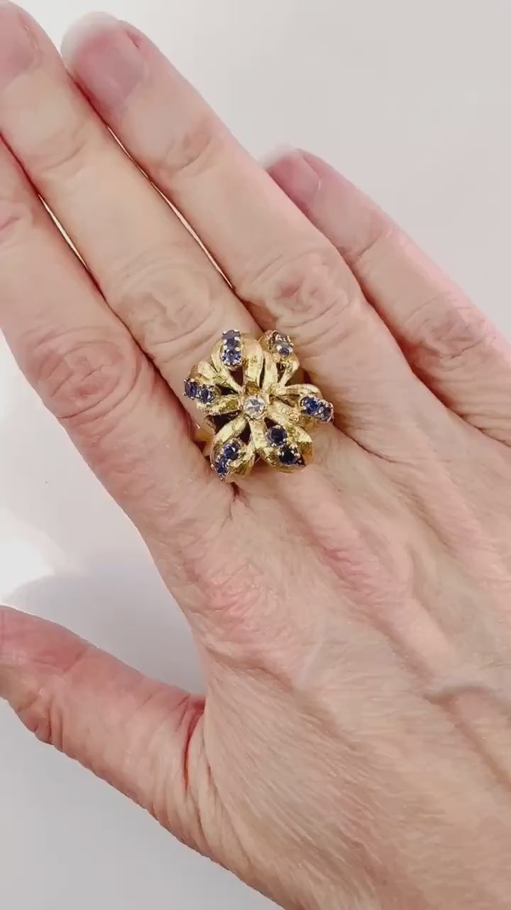 Vintage 14k Gold Natural Blue Sapphire and Diamond Ring, Large Yellow Gold Flower Ring, Size 5.75