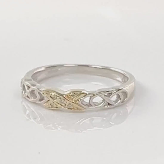 Two Tone Gold Diamond Wedding Band - Vintage Solid 14k Thin Irish Celtic Design Ring Size 7 - Fine Jewelry