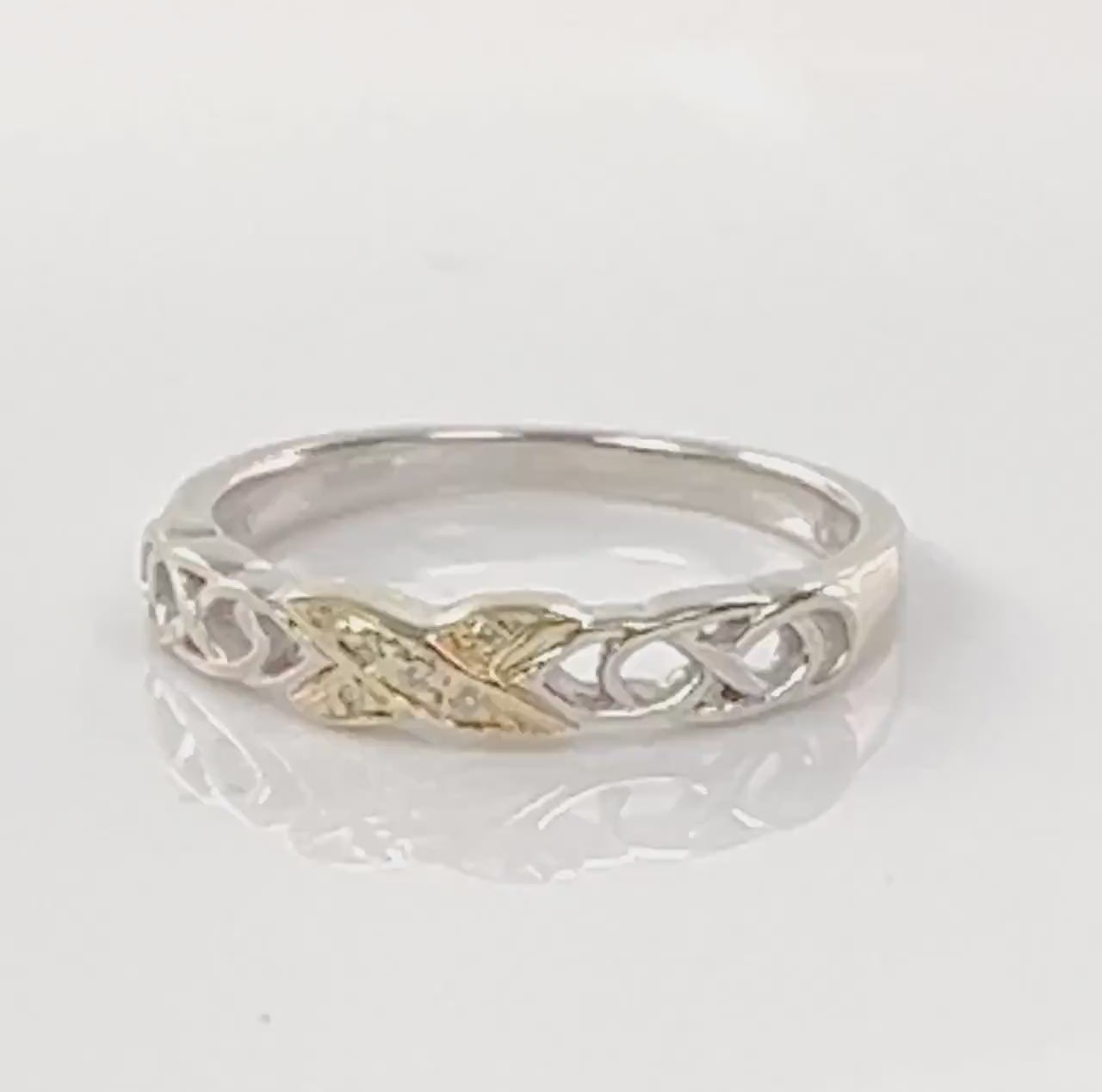 Two Tone Gold Diamond Wedding Band - Vintage Solid 14k Thin Irish Celtic Design Ring Size 7 - Fine Jewelry