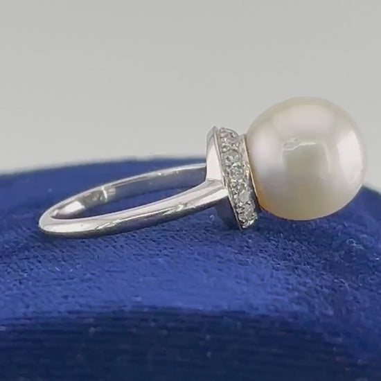 Vintage Palladium Large Cultured South Sea Pearl and Natural Diamond Ring 12 mm Pearl Statement Ring Bridal Ring