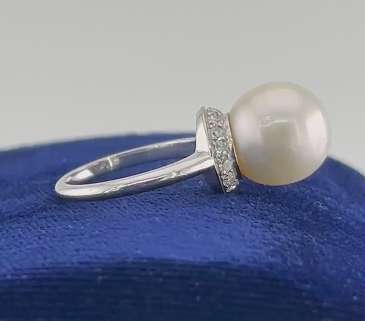Vintage Palladium Large Cultured South Sea Pearl and Natural Diamond Ring 12 mm Pearl Statement Ring Bridal Ring