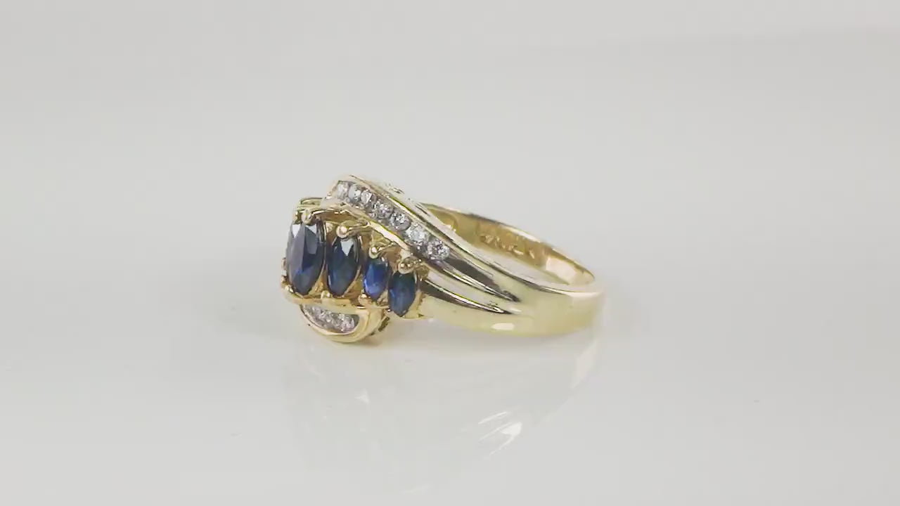 Vintage 14k Yellow Gold Natural Blue Sapphire & Diamond Ring Marquise Cut September Birthstone Ring Size 6.75