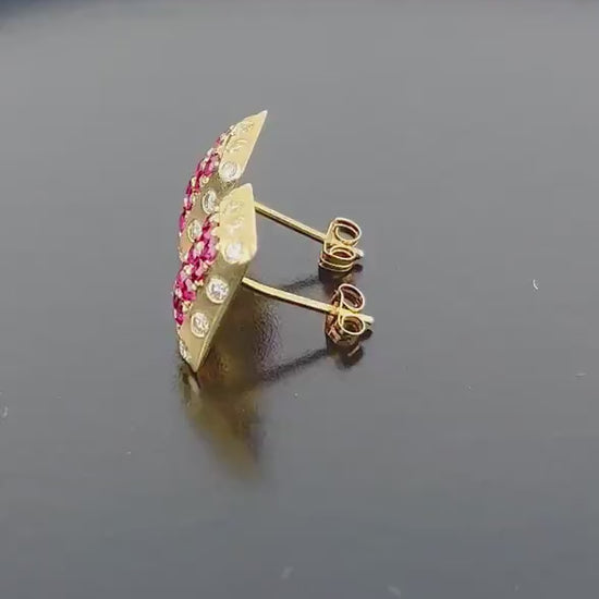 Vintage 14k Yellow Gold Natural Ruby and Diamond Stud Earrings